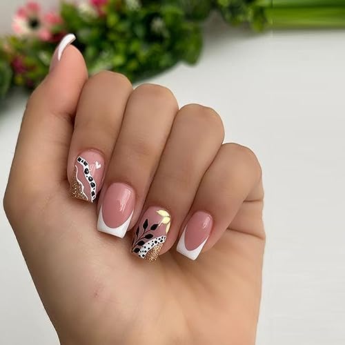 24 Pcs Press On Nails, Gel Nail Kit, Women's French Shrub Leaves False Nails, Full Cover False Nails Easy Home DIY Manicure with Square Nails Glue, Prep Pad, Mini Nail File, Nail Remover Stick