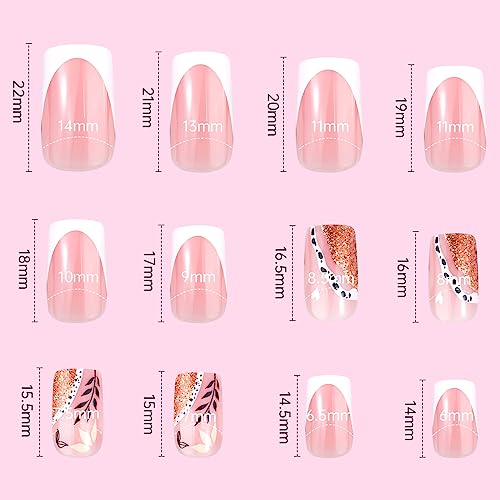 24 Pcs Press On Nails, Gel Nail Kit, Women's French Shrub Leaves False Nails, Full Cover False Nails Easy Home DIY Manicure with Square Nails Glue, Prep Pad, Mini Nail File, Nail Remover Stick