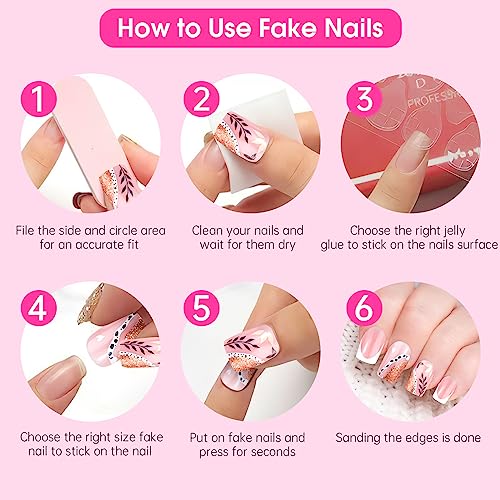 24 Pcs Press On Nails, Gel Nail Kit, Women's French Shrub Leaves False Nails, Full Cover False Nails Easy Home DIY Manicure with Square Nails Glue, Prep Pad, Mini Nail File, Nail Remover Stick