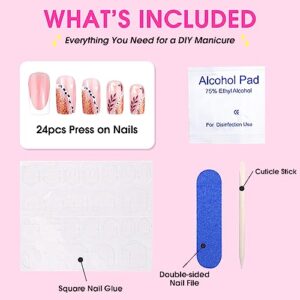 24 Pcs Press On Nails, Gel Nail Kit, Women's French Shrub Leaves False Nails, Full Cover False Nails Easy Home DIY Manicure with Square Nails Glue, Prep Pad, Mini Nail File, Nail Remover Stick