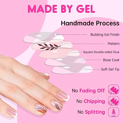 24 Pcs Press On Nails, Gel Nail Kit, Women's French Shrub Leaves False Nails, Full Cover False Nails Easy Home DIY Manicure with Square Nails Glue, Prep Pad, Mini Nail File, Nail Remover Stick