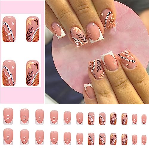 24 Pcs Press On Nails, Gel Nail Kit, Women's French Shrub Leaves False Nails, Full Cover False Nails Easy Home DIY Manicure with Square Nails Glue, Prep Pad, Mini Nail File, Nail Remover Stick