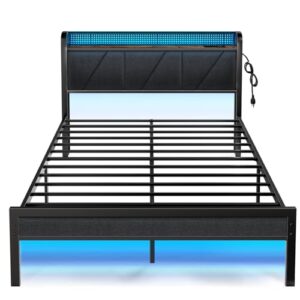 furnulem queen size bed frame with led lights,upholstered storage headboard with charging station and usb port, platform bedframe queen no box spring needed, noise free