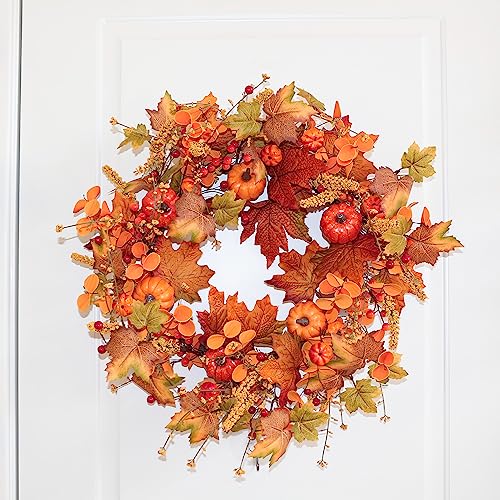 Yawwind 20 inch Fall Wreath Artificial Autumn Wreath with Orange Maple Leaves Pumpkin and Berry Harvest Wreath Thanksgiving Farmhouse Fall Wreaths for Front Door