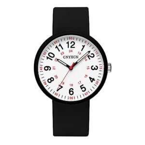 cnyxcn waterproof nurse watch for nurses,doctors,medical professionals,students,women,men with easy to read dial,12/24 hour display,black silicone band.