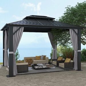 aoxun 10'x12' hardtop outdoor gazebo with galvanized steel double top roof, aluminum frame pergola with netting and curtains for patios,grey