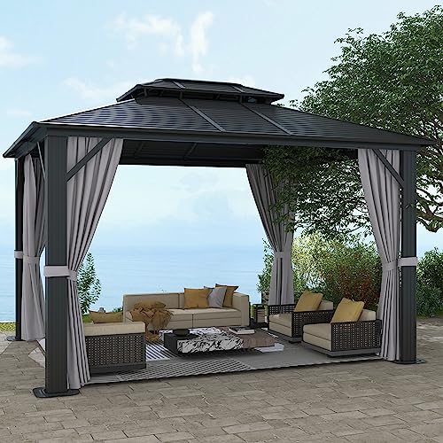 Aoxun 10'x12' Hardtop Outdoor Gazebo with Galvanized Steel Double Top Roof, Aluminum Frame Pergola with Netting and Curtains for Patios,Grey