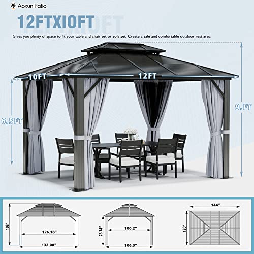 Aoxun 10'x12' Hardtop Outdoor Gazebo with Galvanized Steel Double Top Roof, Aluminum Frame Pergola with Netting and Curtains for Patios,Grey