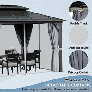 Aoxun 10'x12' Hardtop Outdoor Gazebo with Galvanized Steel Double Top Roof, Aluminum Frame Pergola with Netting and Curtains for Patios,Grey