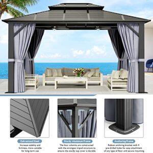 Aoxun 10'x12' Hardtop Outdoor Gazebo with Galvanized Steel Double Top Roof, Aluminum Frame Pergola with Netting and Curtains for Patios,Grey