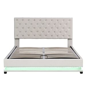 SOFTSEA Queen Size Lift Up Storage Bed with LED Lights, Velvet Upholstered Platform Bed with Adjustable Headboard, Hydraulic Storage Platform Bed for Kids Adults (Beige)