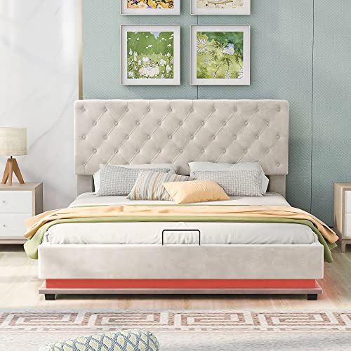 SOFTSEA Queen Size Lift Up Storage Bed with LED Lights, Velvet Upholstered Platform Bed with Adjustable Headboard, Hydraulic Storage Platform Bed for Kids Adults (Beige)