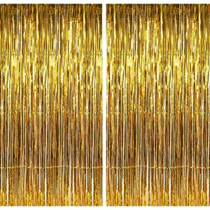 2 pack 3.2ft x 8.2ft gold tinsel backdrop,metallic foil fringe curtains party decorations party streamers decor for party birthday graduation baby shower wedding engagement (gold)