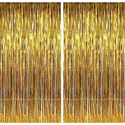 2 Pack 3.2ft x 8.2ft Gold Tinsel Backdrop,Metallic Foil Fringe Curtains Party Decorations Party Streamers Decor for Party Birthday Graduation Baby Shower Wedding Engagement (Gold)