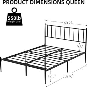 IDEALHOUSE Metal Bed Frame Queen with Headboard, 14 Inch Bed Frame Queen Size, Queen Size Heavy Duty Bed Base with Metal Steel Slats Support, No Box Spring Needed, Black