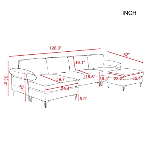 Eafurn U-Shaped Sectional w/Reversible Chaise Lounge and Ottoman, 128.3”5-Seater Convertible Corner Modern Design Comfy Sofa & Couch for Living Room Office, Light Grey