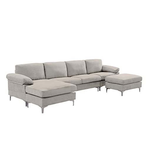 Eafurn U-Shaped Sectional w/Reversible Chaise Lounge and Ottoman, 128.3”5-Seater Convertible Corner Modern Design Comfy Sofa & Couch for Living Room Office, Light Grey