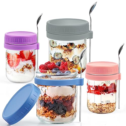 ZIJUND Overnight Oats Containers with Lid and Spoon, 16 oz & 10 oz Glass Mason Overnight Oats Jars, 2 Large & 2 Small Family Sharing, Airtight Jars for Salad, Cereal, Fruit (4 Pack)