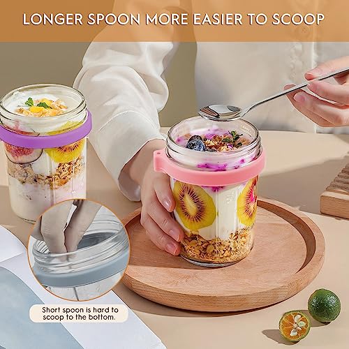 ZIJUND Overnight Oats Containers with Lid and Spoon, 16 oz & 10 oz Glass Mason Overnight Oats Jars, 2 Large & 2 Small Family Sharing, Airtight Jars for Salad, Cereal, Fruit (4 Pack)