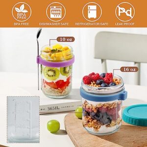 ZIJUND Overnight Oats Containers with Lid and Spoon, 16 oz & 10 oz Glass Mason Overnight Oats Jars, 2 Large & 2 Small Family Sharing, Airtight Jars for Salad, Cereal, Fruit (4 Pack)