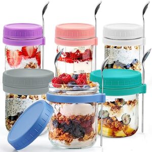 zijund overnight oats containers with lid and spoon, 16 oz & 10 oz glass mason overnight oats jars, 2 large & 2 small family sharing, airtight jars for salad, cereal, fruit (6 pack)