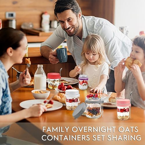 ZIJUND Overnight Oats Containers with Lid and Spoon, 16 oz & 10 oz Glass Mason Overnight Oats Jars, 2 Large & 2 Small Family Sharing, Airtight Jars for Salad, Cereal, Fruit (10 Pack)