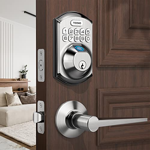 TEEHO Fingerprint Door Lock with 2 Lever Handles, Keyless Entry Door Lock with Handle, Electronic Keypad Deadbolt Front Door Lock Set with Auto Lock and 1 Touch Locking, Satin Nickel