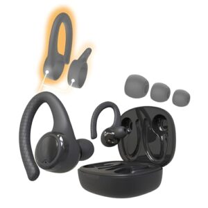 coby true wireless bluetooth earbuds | interchangeable ear hooks & tips | sweat-resistant |14-hours play time | drop-proof charging case | wireless headphone w. on-ear controls | gym ready | black
