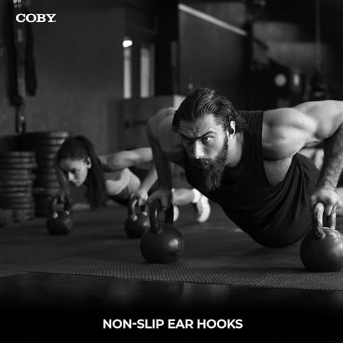 Coby True Wireless Bluetooth Earbuds | Interchangeable Ear Hooks & Tips | Sweat-Resistant |14-Hours Play Time | Drop-Proof Charging Case | Wireless Headphone w. On-Ear Controls | Gym Ready | Black