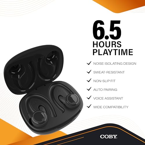 Coby True Wireless Bluetooth Earbuds | Interchangeable Ear Hooks & Tips | Sweat-Resistant |14-Hours Play Time | Drop-Proof Charging Case | Wireless Headphone w. On-Ear Controls | Gym Ready | Black