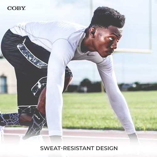 Coby True Wireless Bluetooth Earbuds | Interchangeable Ear Hooks & Tips | Sweat-Resistant |14-Hours Play Time | Drop-Proof Charging Case | Wireless Headphone w. On-Ear Controls | Gym Ready | Black