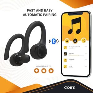 Coby True Wireless Bluetooth Earbuds | Interchangeable Ear Hooks & Tips | Sweat-Resistant |14-Hours Play Time | Drop-Proof Charging Case | Wireless Headphone w. On-Ear Controls | Gym Ready | Black