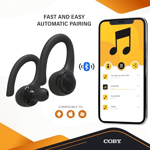 Coby True Wireless Bluetooth Earbuds | Interchangeable Ear Hooks & Tips | Sweat-Resistant |14-Hours Play Time | Drop-Proof Charging Case | Wireless Headphone w. On-Ear Controls | Gym Ready | Black