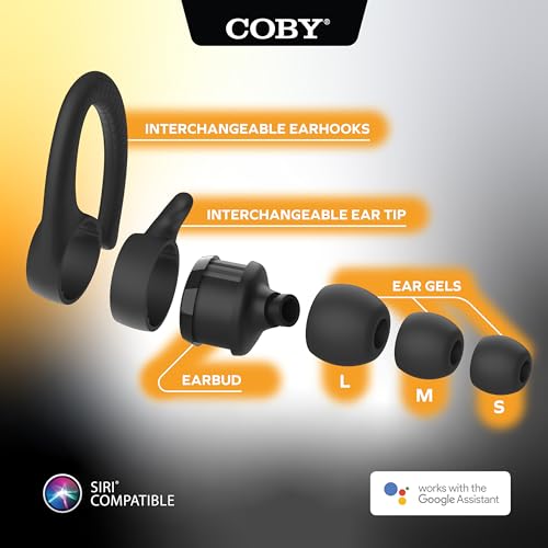 Coby True Wireless Bluetooth Earbuds | Interchangeable Ear Hooks & Tips | Sweat-Resistant |14-Hours Play Time | Drop-Proof Charging Case | Wireless Headphone w. On-Ear Controls | Gym Ready | Black