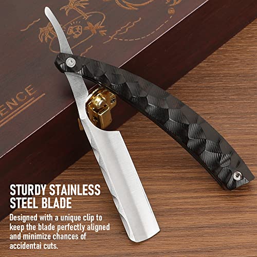 Professional Straight Blade Razor Kit with Strop - Straight Edge Barber Razor Premium Stainless Steel Sharp Shaver Razor for Men Home & Salon Grooming Using (Black)