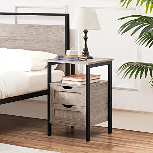 Yaheetech Nightstand with 2 Drawers and Open Shelf, Bedside Table Bedside Cupboard with Adjustable Feet, Wooden Bedside Cabinet Sofa Side Table End Table for Bedroom/Small Space, Gray