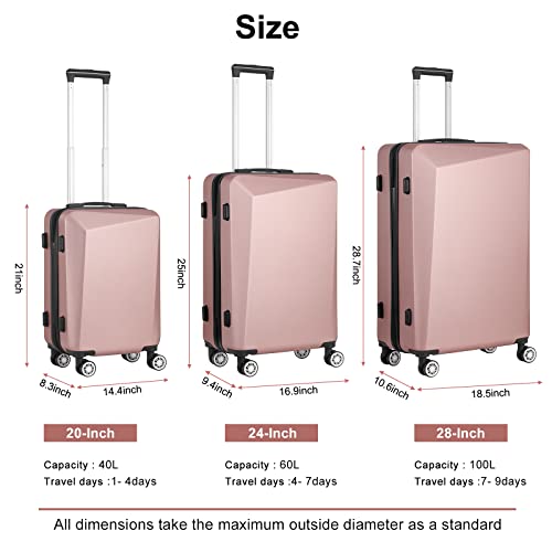 PINPON 3 Piece Luggage Sets, Hard Luggage Sets with TSA Lock, Carry On Luggage with Double Spinner Wheels for Women Men, Travel Suitcase Lightweight (20/24 / 28, Rosegold)