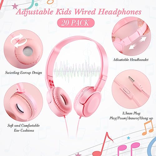 Kanayu 20 Pcs Classroom Headphones Bulk On Ear 3.5mm Wired Headphones for School Macaron Kids Wired Headphones Bulk Adjustable Multi Color Headphones for Kids Adults School Library Computers, 5 Colors