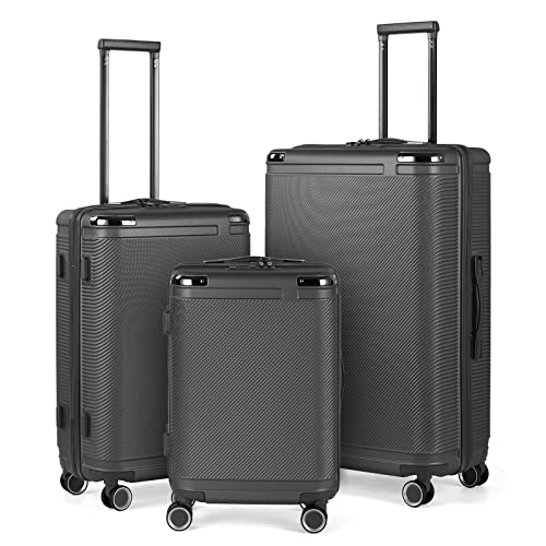 PINPON 3 Piece Luggage Sets, Expandable Hard Luggage Sets with TSA Lock, Carry On Luggage with Double Spinner Wheels for Women Men, Travel Suitcase Lightweight (20/24 / 28, Black)