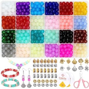 shynek 753 pieces glass beads bracelet making kit, 24 color glass beads for jewelry making with spacer beads, bail tube beads, charms and elastic string for bracelets