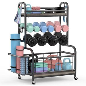 yoga mat storage rack, home gym storage yoga mat organizer holder, sehloran dumbbell rack with hooks and wheels, weight rack for dumbbells and kettlebells, workout equipment weight stand for home exercise and fitness gear (metal)