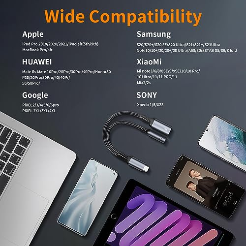 2 in 1 USB C to 3.5mm Headphone Adapter with Charger, Type C to Aux Audio Jack with PD Fast Charging Dongle Cable Cord Support Call Music, Compatible with Samsung Galaxy S22, Google Pixel 6 5 4, iPad