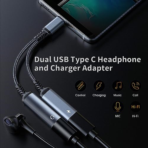 2 in 1 USB C to 3.5mm Headphone Adapter with Charger, Type C to Aux Audio Jack with PD Fast Charging Dongle Cable Cord Support Call Music, Compatible with Samsung Galaxy S22, Google Pixel 6 5 4, iPad
