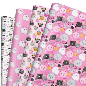 dtiafu cat wrapping paper for girls kids women - 12 sheets pink white gift wrap with cat fish patterns for birthday baby shower cat party - 20 x 28inch per sheet