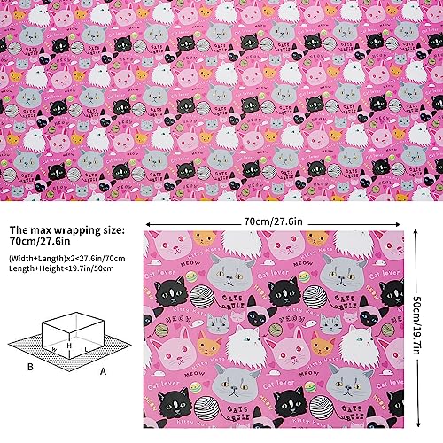 Dtiafu Cat Wrapping Paper for Girls Kids Women - 12 Sheets Pink White Gift Wrap with Cat Fish Patterns for Birthday Baby Shower Cat Party - 20 x 28inch Per Sheet