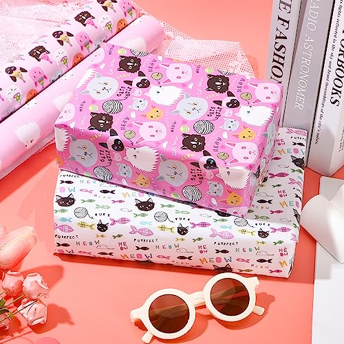 Dtiafu Cat Wrapping Paper for Girls Kids Women - 12 Sheets Pink White Gift Wrap with Cat Fish Patterns for Birthday Baby Shower Cat Party - 20 x 28inch Per Sheet