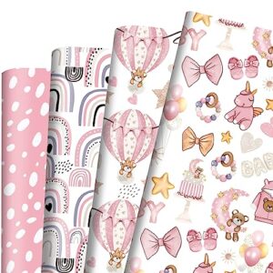 dtiafu baby shower wrapping paper for baby girl - 12 sheets pink gift wrap with baby feet bear unicorn rainbow princess shoes designs - 20 x 28inch per sheet