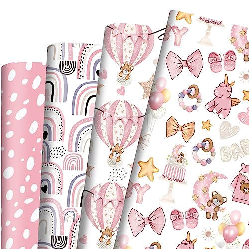 Dtiafu Baby Shower Wrapping Paper for Baby Girl - 12 Sheets Pink Gift Wrap with Baby Feet Bear Unicorn Rainbow Princess Shoes Designs - 20 x 28inch Per Sheet