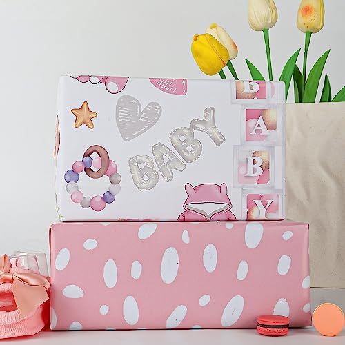 Dtiafu Baby Shower Wrapping Paper for Baby Girl - 12 Sheets Pink Gift Wrap with Baby Feet Bear Unicorn Rainbow Princess Shoes Designs - 20 x 28inch Per Sheet