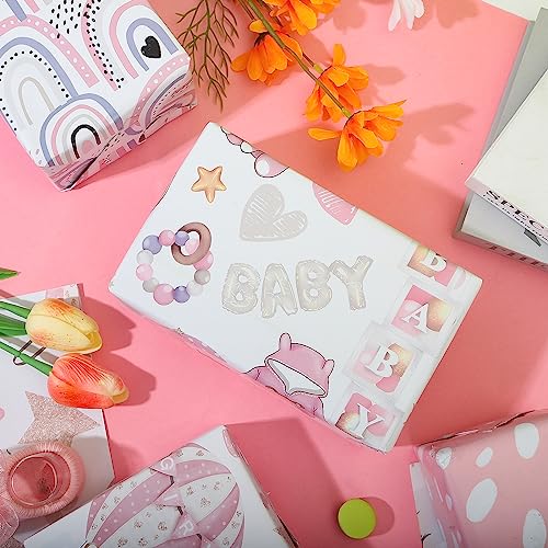 Dtiafu Baby Shower Wrapping Paper for Baby Girl - 12 Sheets Pink Gift Wrap with Baby Feet Bear Unicorn Rainbow Princess Shoes Designs - 20 x 28inch Per Sheet